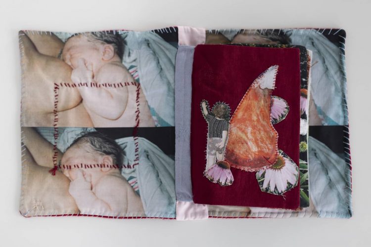 Failure to Progress Sensory Book (detail), 2025, pigment print on cotton, wool, thread, parchment paper, surgical suture, 60.96 x 22.86 cm, courtesy of the artist.