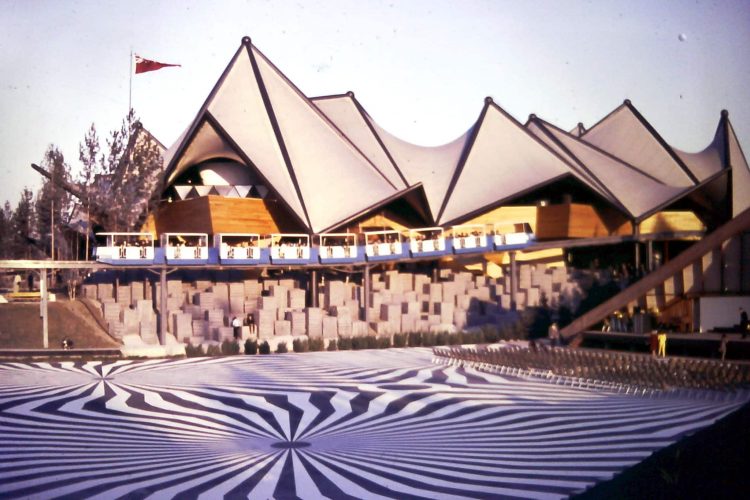 Norman Takeuchi, floor design in front of bandstand, Canadian Pavilion, Expo 67, Montreal, QC. Photographer Unknown. ©CreativeCommons, 2022.