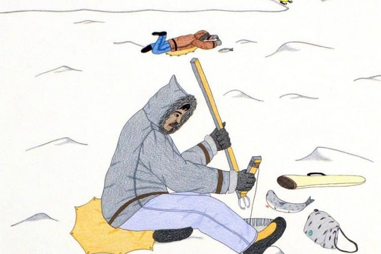 Annie Pootoogook, Composition (Jigging Fish), 2006, coloured pencil and ink on paper. Collection of the Ottawa Art Gallery: purchased with the support of OAG Acquisition Endowment Fund, 2018