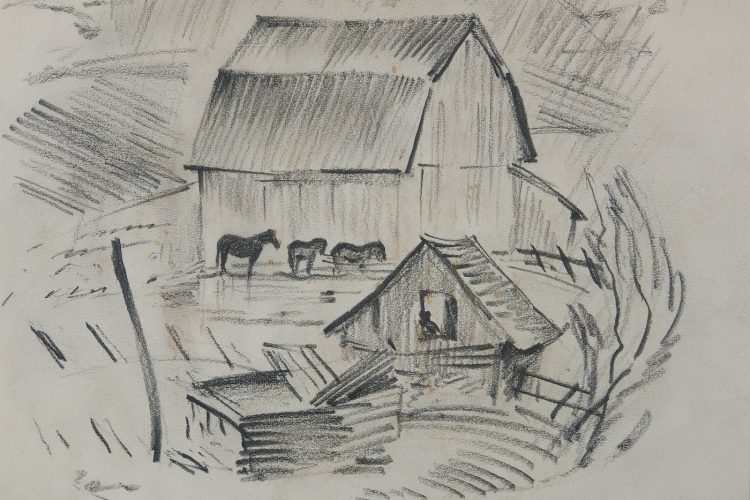 Wilfrid Flood, The Black Horse, 1945, graphite on paper. Collection of the Ottawa Art Gallery: gift of Frances Flood, 2016.
