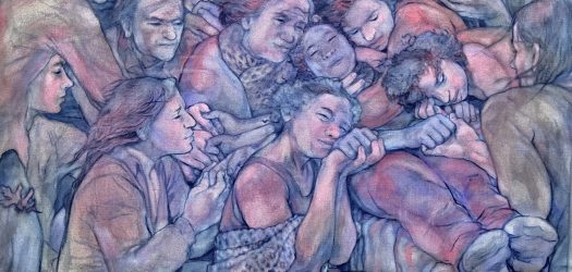 Aimee-Rose Philibert, British Columbia, Vent de Mélisse [Melissa’s Journey], 2025, watercolour on raw canvas. Winner: Authenticity in Reflecting Lived Experience. Dimensions: 28” x 40”.