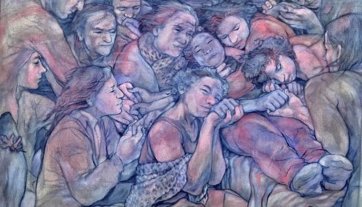 Aimee-Rose Philibert, British Columbia, Vent de Mélisse [Melissa’s Journey], 2025, watercolour on raw canvas. Winner: Authenticity in Reflecting Lived Experience. Dimensions: 28” x 40”.