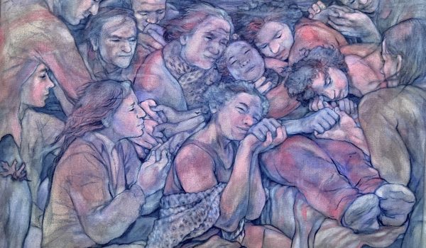 Aimee-Rose Philibert, British Columbia, Vent de Mélisse [Melissa’s Journey], 2025, watercolour on raw canvas. Winner: Authenticity in Reflecting Lived Experience. Dimensions: 28” x 40”.