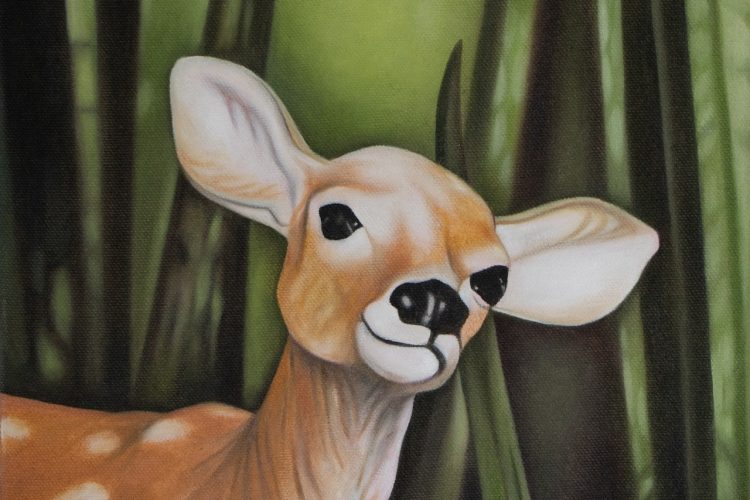 Claire Cepukas, 2026, Is it Just Me or is that Deer Smiling at Us?, huile sur toile, 20 cm x 25 cm, 325 $