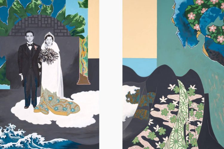 Norman Takeuchi, Wedding Song (Long Division Series) (diptych), 2020, acrylic on canvas, 122 x 200 cm total. Courtesy of the artist. Photo: Justin Wonnacott.