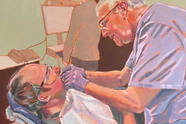 Dr. Tom, John Ohara and Shannon – Ottawa Mission Dental Clinic, 2022, Acrylic on canvas, 40 x 40””