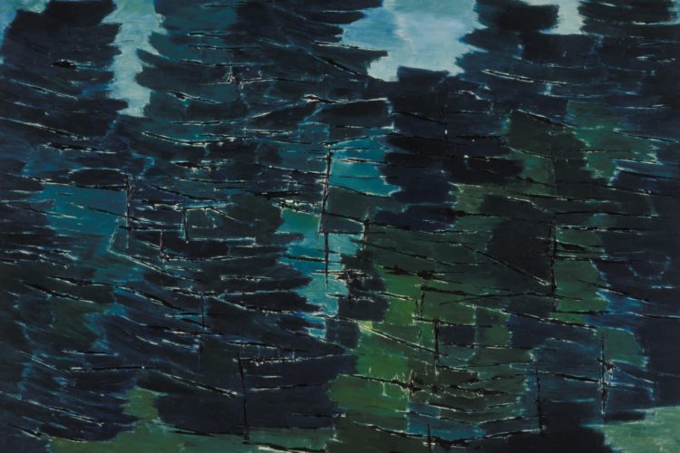 Kazuo Nakamura, Evergreen [Conifères], 1958, Huile sur Masonite, Collection Firestone d’art canadien, Galerie d’art d’Ottawa. Don de la Fondation du patrimoine ontarien à la Ville d’Ottawa.