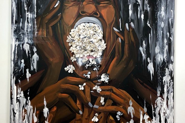 Aurélie Kadjo, Réconciliation , 2021, 36x48” Acrylic and polyester on canvas