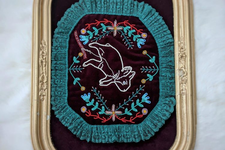 Jobena Petonoquot, My Grandfather Trapped the Rabbit, 2018, velvet, beads, lace, Victorian bubble-glass frame, 44.5 x 30.5 cm,
Courtesy of the Artist