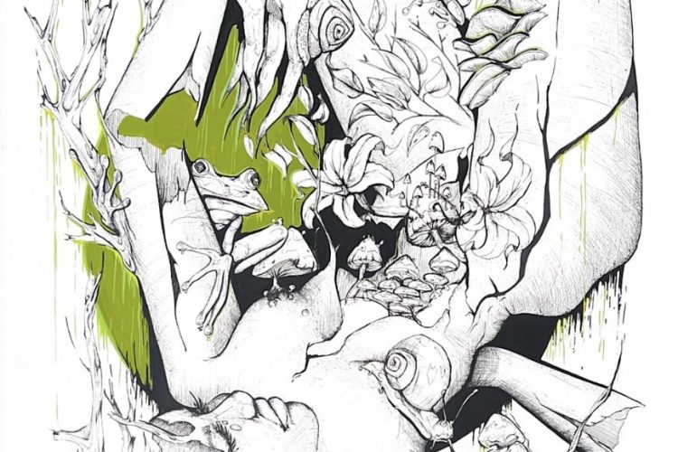 Aurelie S. Kadjo, Fernweh (allemand), 2026, encre sur papier, 48,26 x 60,96 cm