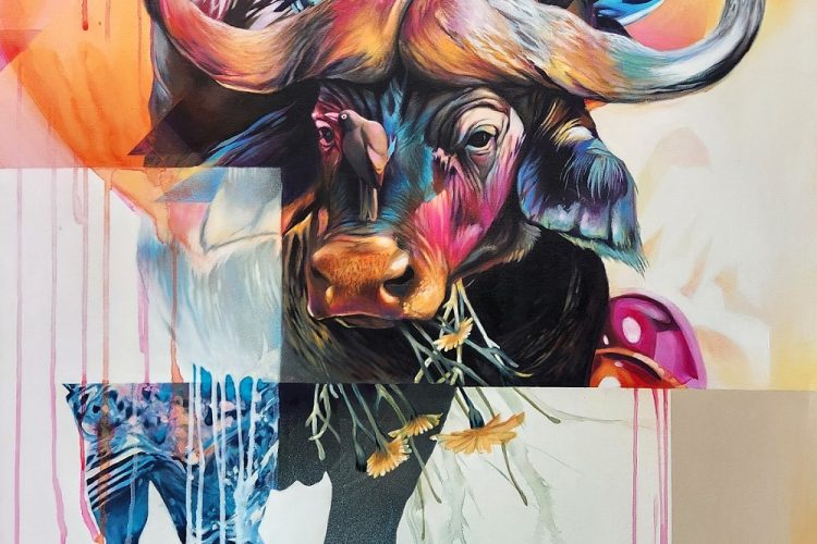 Dominic Laporte, Last to Arrive, 2023, acrylic and spray paint on canvas, 91.44 x 121.92 cm