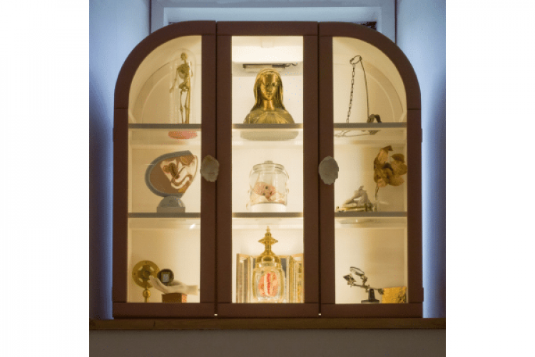 Olivia Johnston, various works from the series bower, 2026, hand-painted exterior, oyster shell knobs, various sculptures.  Courtesy of the artist.