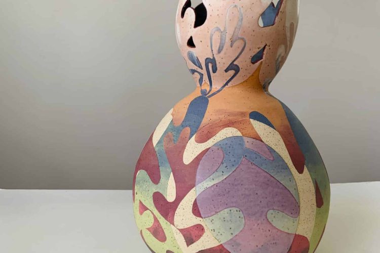 Michele Macdonald, Seed, 2023, speckled stoneware, stained clay slips, glaze, fired to cone 6 oxidation, 39 cm (height) x 28 cm (diameter). Courtesy of the Artist.