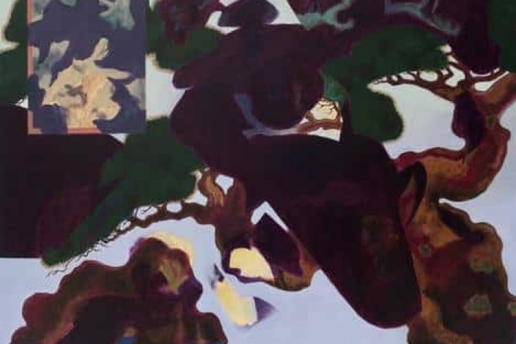 Norman Takeuchi, Old Pine and Boulder, acrylique sur toile, 91,3 x 121,5 cm prix d’achat: $5,000, prix de location (par mois): $250, Grâce à l’artiste et Studio Sixty Six.