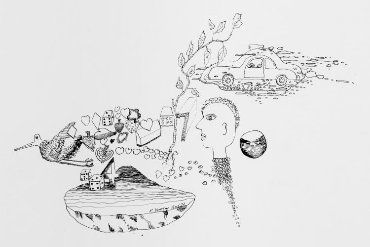 Russell Yuristy, Ulysses Leading Henry Bird to Atlantis #5 [Ulysse menant Henry l’oiseau à l’Atlantide no 5], 1971, encre sur papier cartonné, 57,3 x 72,4 cm, collection de l’artiste, photo: Justin Wonnacott