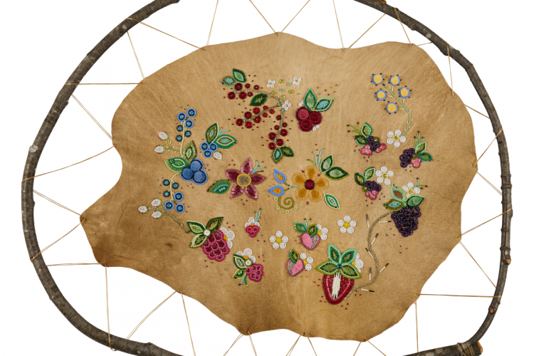Stephanie Tenasco, Kìwàbandamogoban “he/she had seen it long ago, well before my time”, 2026, stretched deer hide, beads, porcupine quills, fish bone, caribou hair, sweetgrass, courtesy of the artist.