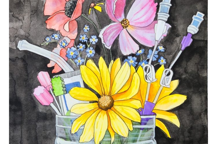 Erica Tripp, Ontario, Sorry for Your Loss [Toutes mes condoléances], 2025, watercolour on canvas. Deuxième : Authenticité dans la représentation de l’expérience vécue. Dimensions : 16 po x 20 po x 1¾ po.