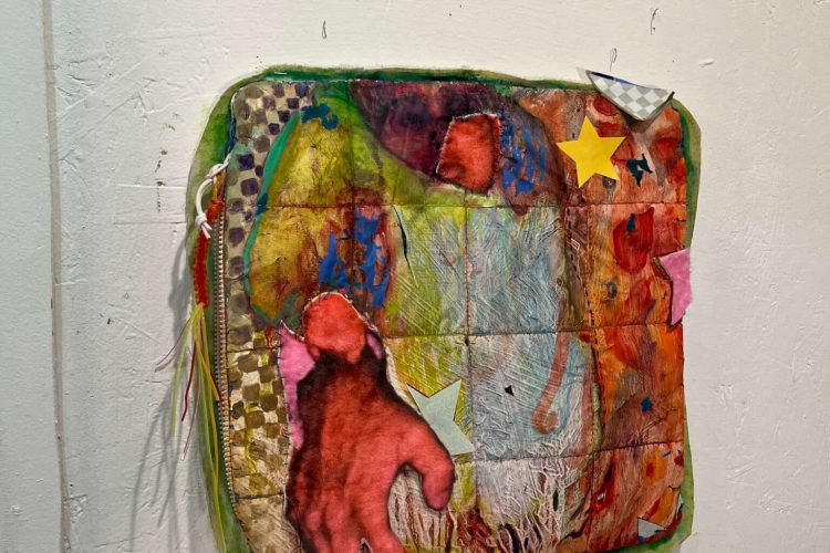 Sarah-Mecca Abdourahman, Untitled, 2024, Fleece, paper, earrings, plastic scoubidou, and oil on pillow case and canvas, 20” x 16”. Image courtesy of the artist.